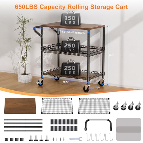 NTE Rolling Kitchen Carts on Wheels, 650Lbs Capacity 3 Tier Utility Cart with Wood Tabletop, Kitchen Storage Cart with 8 Hooks, Metal Serving Cart with Handle and Shelf Liners for Kitchen, Black - color: Wood-black