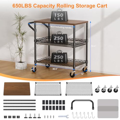 NTE Rolling Kitchen Carts on Wheels, 650Lbs Capacity 3 Tier Utility Cart with Wood Tabletop, Kitchen Storage Cart with 8 Hooks, Metal Serving Cart with Handle and Shelf Liners for Kitchen, Black - color: Wood-black