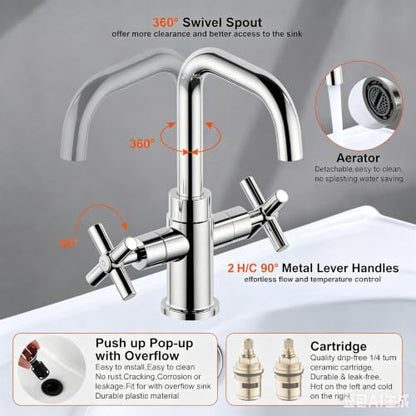 Bathroom Sink Faucet, 4 Inch Single Hole or 3 Hole Centerset Vanity Faucet, 2-Handle Handle Single Hole Bahroom Sink Faucet, Pop Up Drain Oil Rubbed Bronze Finish DF-1265CCH-ORB - color: Polished Chrome