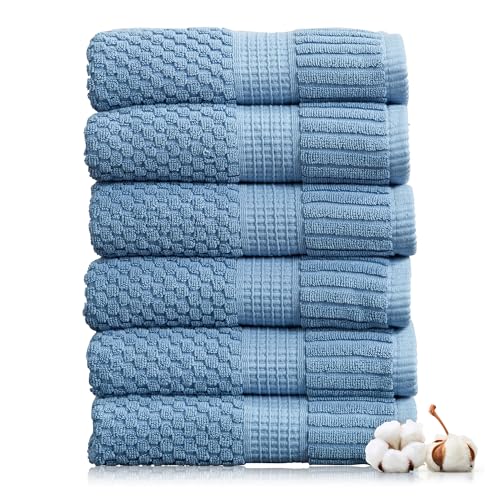 NY Loft 100% Cotton 6-Pack Hand Towel Set | Blue | Oeko-TEX | Quick-Dry | Six 16" x 28" Hand Towels | Super Absorbent | Designer-Styled Texture - color: Blue Shadow, size: Hand Towel (6 Pack)