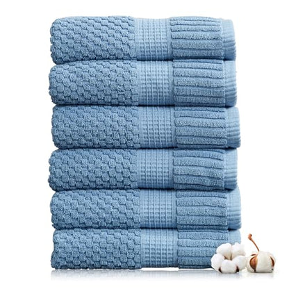 NY Loft 100% Cotton 6-Pack Hand Towel Set | Blue | Oeko-TEX | Quick-Dry | Six 16" x 28" Hand Towels | Super Absorbent | Designer-Styled Texture - color: Blue Shadow, size: Hand Towel (6 Pack)