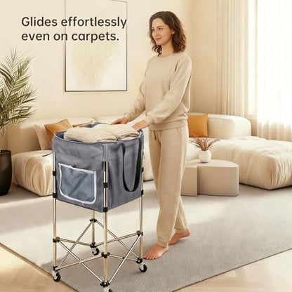 Laundry Basket with Wheels, 35.9" No-Bend Rolling Hamper, Grey | 600D washable bag, steel frame, foldable design, bathroom, dorm, bedroom, laundry room - color: Grey