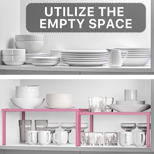 Simple Houseware Expandable Stackable Kitchen Counter Shelf Organizer, Pink, Metal Top, 11.25 in L x 7.9 in W x 5.4 in H | Expandable & Stackable 9" D x 12.75" W x 5.9" H - color: Pink