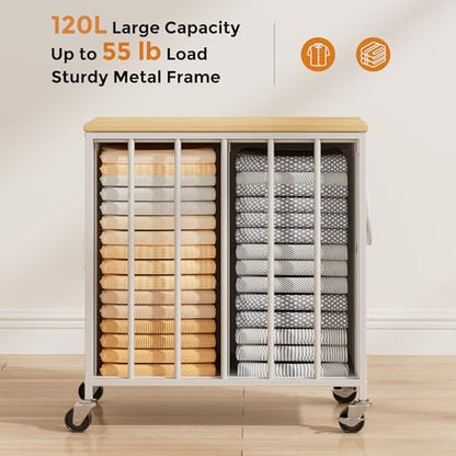 120L Laundry Hamper with Lid, Rolling Laundry Basket with Dual Liner Bags | Soft-Close Lid; Dual Removable Liners; Lockable Casters; Metal Handles; Easy Assembly