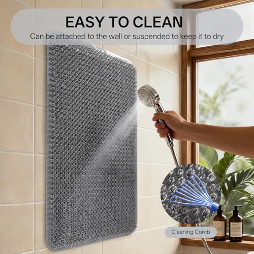 Shower Foot Scrubber Mat, Non Slip Shower Feet Mat Grey 16"x27" | Silicone Exfoliating With Suction Cups And Drain Holes, Quick Drying Soft Bathtub Mat, Machine Washable Drainage Bathroom Mat - color: Grey