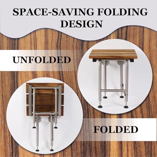 Teak Shower Bench with Legs | Folding Shower Chair for Elderly and Disabled, ADA Folding Shower Seat Wall Mounted Holds Upto 600lbs | 304 Stainless Steel Teak Shower Stool | 34.5" x21” Left Hand - size: 34.5 Left