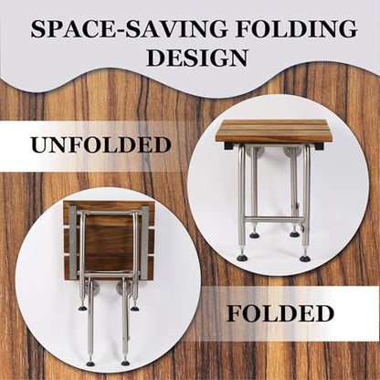 Teak Shower Seat with Legs - Folding Wall Mount Bench for Inside Shower / Bathroom Safety Assist / 304 Stainless Steel & Hardwood / Left / 26" x 21" - size: 26 Left