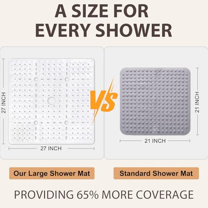 ZOESOE Square Shower Mat Non Slip: 27 x 27 Inches Large Shower Mats for Inside Shower, Soft TPE Shower Floor Mat with Suction Cups and Drain Holes, Machine Washable - color: White