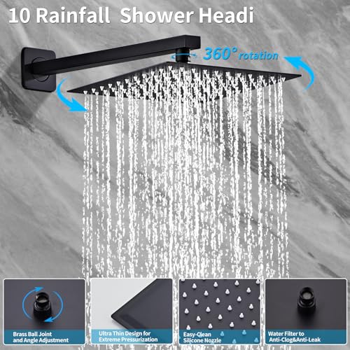 Matte Black Rainfall Shower Head, Wall Mounted 8 Inch Shower Heads with Handheld Spray Combo, Luxury Bathroom Square Rain Shower System, Solid Brass Pressure Balancd Shower Faucet Valve - color: Matte Black, style: 8 Inch