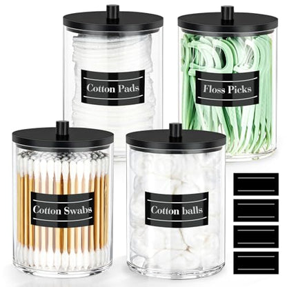 4 Pack 10 oz Acrylic Qtip Holder with Labels Dispenser- Bathroom Small Clear Plastic Canister Apothecary Jar Set Essentials Accessories Decor, Vanity Storage Organizer
