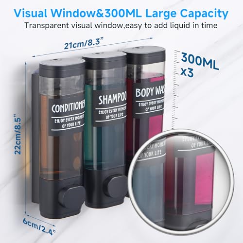 Shampoo and Conditioner Dispenser,GlintGath Shower Dispenser 3 Chamber No Drill Shampoo Dispenser for Shower Wall Mounted Shower Soap Dispenser for Bathroom Hotel,3 * 300ML,Matte Black - color: Black 3 Chamber