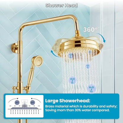 gotonovo Exposed Shower System Wall Mount,Polish Gold,Metal Handheld | 8” Rain Shower Head Faucet Set Fixtures,2 Function,Two Cross Handle,Height Adjustable,for 5-6.7" Hole,Indoor Victorian Retro - color: Bright Gold