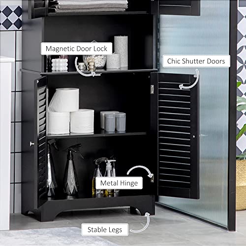 HOMCOM Tall Narrow Bathroom Storage Cabinet with Doors and Shelves, Black | Shelf Adjustability, Freestanding, Linen Cabinet - color: Black
