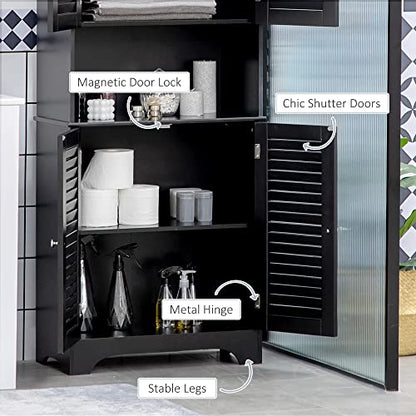 HOMCOM Tall Narrow Bathroom Storage Cabinet with Doors and Shelves, Black | Shelf Adjustability, Freestanding, Linen Cabinet - color: Black