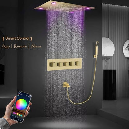 Cascada Classic Design 31 Inch (600mmx800mm) Large Rain Shower Set with Waterfall LED Rectangle recessed ceiling-mount 4 Function shower head (Brushed Gold) - color: Brushed Gold