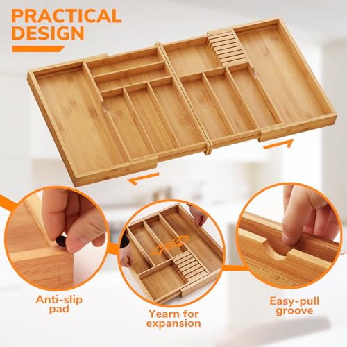 BAMEOS Expandable Silverware Drawer Organizer with Removable Knife Blocks, Bamboo Kitchen Utensil Holder from 21" to 36", Large Cutlery Tray with Divider for Forks, Spoons, Knives - size: 2''H 17x36