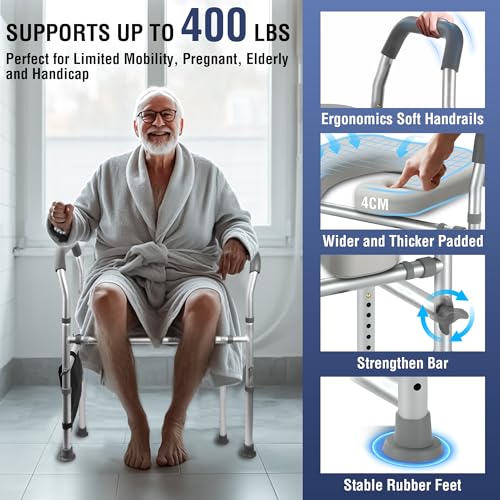 Raised Toilet Seat with Handles, Width & Height Adjustable Raised Toilet Seat, FSA/HSA Eligible 400lb Armrests & Wide Seat, Standard Raised Toilet Seat for Seniors, Pregnant, Handicap, Fit Any Toilet