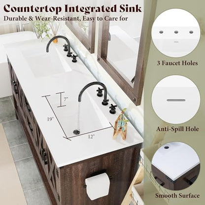 AMERLIFE 60" Brown Farmhouse Double Sink Bathroom Vanity, Solid White Top | Rustic Brown, Solid White Integrated Top, Moisture-Resistant MDF, 4 X-Panel Doors, 2 Drawers, Open Shelf, Paper Towel Holder - color: Rustic Brown, size: 60”