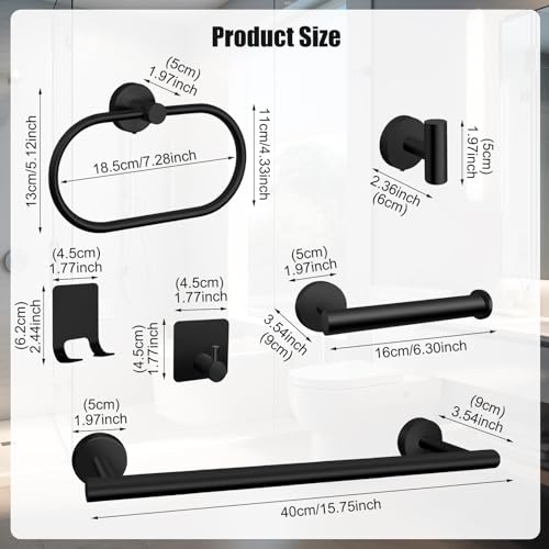 7 PCS Bathroom Hardware Set, Matte Black Stainless Steel Bathroom Tower Rack Set Wall Mounted Includes 16" Towel Bar, Toilet Towel Paper Holder, Towel Ring, 4 Robe Towel Hooks - color: 7pcs-matte Black