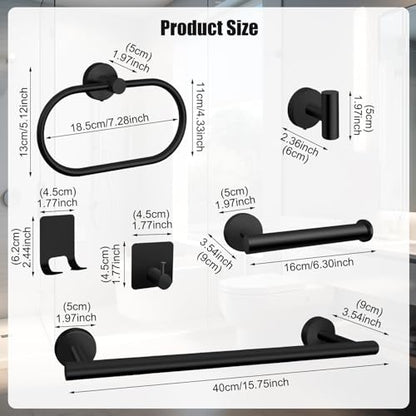 7 PCS Bathroom Hardware Set, Matte Black Stainless Steel Bathroom Tower Rack Set Wall Mounted Includes 16" Towel Bar, Toilet Towel Paper Holder, Towel Ring, 4 Robe Towel Hooks - color: 7pcs-matte Black