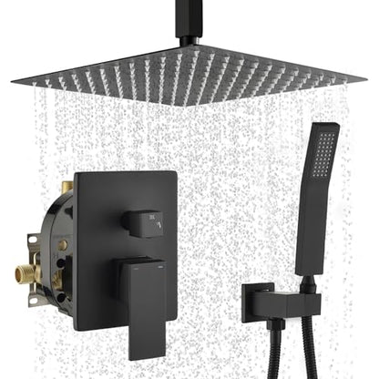 WELLFOR 12-In Ceiling Mount Shower System with Single Handle, Pressure-balanced Valve Included, Waterfall Dual Head Shower Head System, Rain Shower System, Shower Faucet Trim Kits, Matte Black - color: Matte Black, style: Ceiling Mount 12-Inch