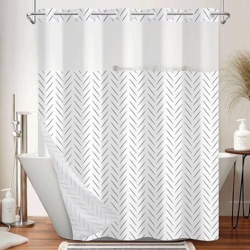 Black and White Shower Curtain with Snap in Liner, 71x74 Inch | No Hooks Needed, Double Layer Waterproof Fabric with Mesh Top, Minimalist Stripe Geometric Print for Modern Neutral Bathroom - color: Black and White