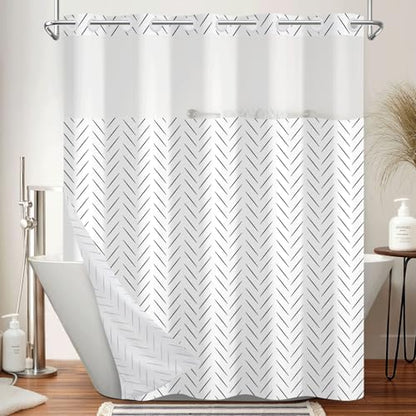 Black and White Shower Curtain with Snap in Liner, 71x74 Inch | No Hooks Needed, Double Layer Waterproof Fabric with Mesh Top, Minimalist Stripe Geometric Print for Modern Neutral Bathroom - color: Black and White