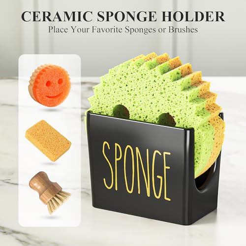 Cisily Kitchen Soap Dispenser Set Comes with Ceramics Sponge Holder, Gold Pumps, and Instant Dry Tray, Hand and Dish Soap Dispenser Set (4, Gold + Black + Sponge Holder) - color: Gold + Black + Sponge Holder