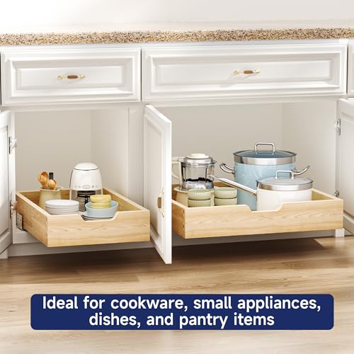 Pull Out Cabinet Organizer, 13.5 in W x 21 in D Solid Wood Slide Out Drawer, Soft Close Sliding Shelf, Bottom or Side Mount for Kitchen Pantry Bathroom, Fits 14.5 in Cabinet Opening - size: 13½” W × 4"H x 21” D