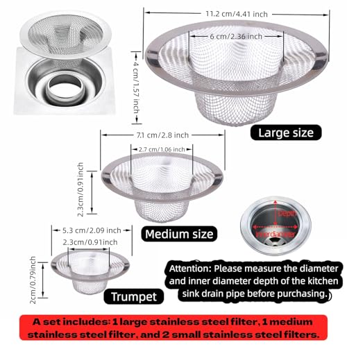 Heavy Duty Stainless Steel Sink Strainer Set, 4 Pack, for Kitchen, Bathroom, and Bathtub Drains, 3 Sizes