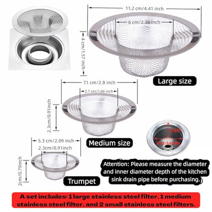 Heavy Duty Stainless Steel Sink Strainer Set, 4 Pack, for Kitchen, Bathroom, and Bathtub Drains, 3 Sizes
