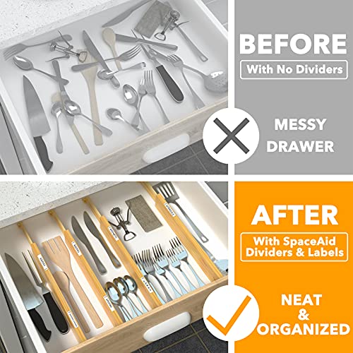 SpaceAid Bamboo Drawer Dividers with Labels, Kitchen Adjustable Drawer Organizers, Expandable Organization for Home, Office, Dressers and Bathroom, 6 Dividers (17-22 in) - size: Long (17-22 in)