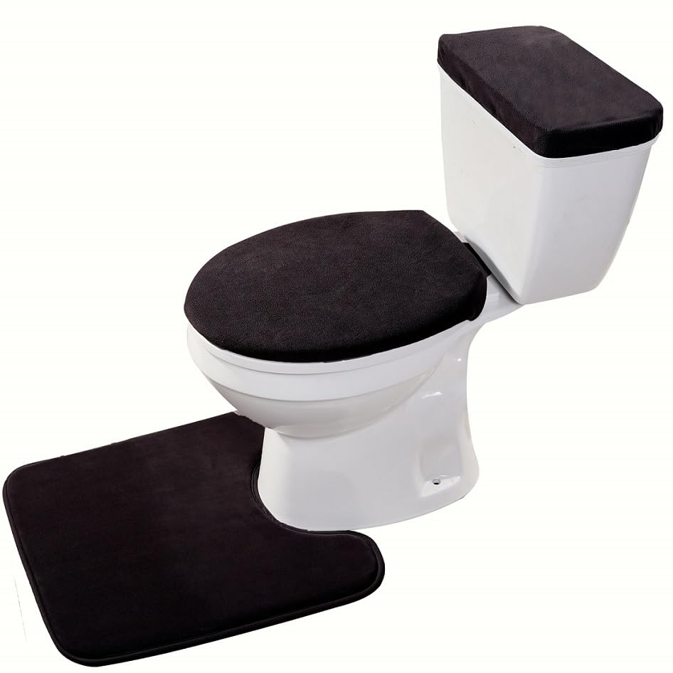 Madeals Velvet Toilet Lid Cover and Tank Lid Cover with Memory Foam Toilet Mat 3 Piece Toilet Contour Mat Set Black - color: Black