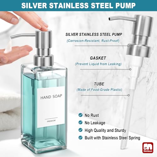 GMISUN Glass Soap Dispenser with Stainless Steel Pump, Clear Hand Soap Dispenser for Bathroom, 12 fl oz/350ml Hand and Dish Soap Dispensers Set for Kitchen, Refillable Liquid Soap and Lotion Bottle - color: Clear Bottle + Sliver Pump
