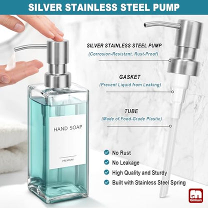 GMISUN Glass Soap Dispenser with Stainless Steel Pump, Clear Hand Soap Dispenser for Bathroom, 12 fl oz/350ml Hand and Dish Soap Dispensers Set for Kitchen, Refillable Liquid Soap and Lotion Bottle - color: Clear Bottle + Sliver Pump
