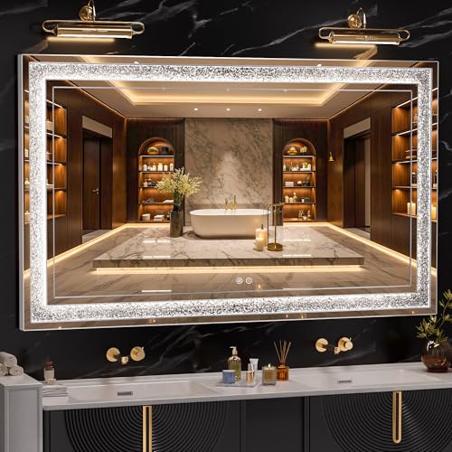 WINNICE 59" x 35" LED Diamond Wall Mirror, Dim & Anti-Fog | Crystal glass, dimmable & anti-fog, mounts vertical/horizontal, ideal for bathroom, bedroom, living room. - size: 59"L x 35"W