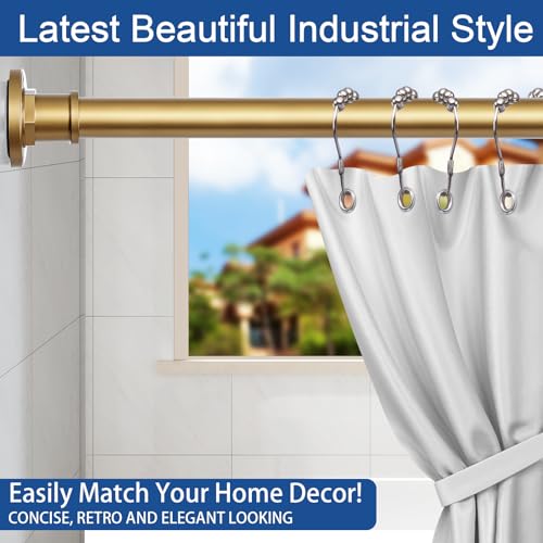Industrial Shower Curtain Rod - 2-in-1 Design Tension Curtain Rod - Rustproof Non-Slip 43 to 72 Inch Metal Steel, Frosted Gold Painted Window Curtain Rod - color: Frosted Gold, size: 43-72 Inches