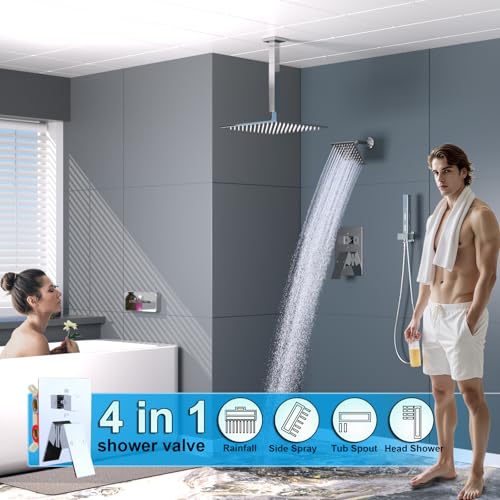 Enga Dual Shower Head System with Tub Spout, Ceiling Mount 10 Inch Shower Head with 6 Inch Wall Mount Shower Head, 4 Way Diverter Shower Faucet with 2 in 1 Handheld, Chrome - color: Chrome, style: Tub+10"+6" Head