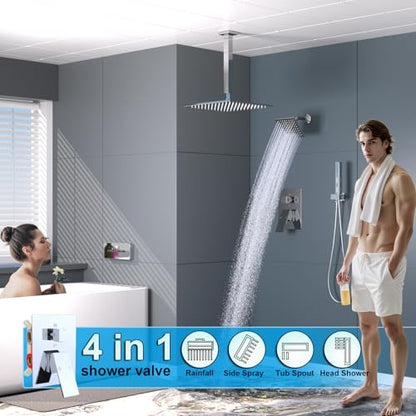 Enga Dual Shower Head System with Tub Spout, Ceiling Mount 10 Inch Shower Head with 6 Inch Wall Mount Shower Head, 4 Way Diverter Shower Faucet with 2 in 1 Handheld, Chrome - color: Chrome, style: Tub+10"+6" Head