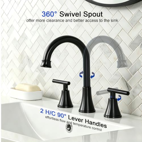 COMLLEN Black Bathroom Faucet 3 Hole Vanity,360 Degree Rotating Spout, 2 Handle 360° Swivel Matte Black 8 Inch Widespread Bathroom Sink Faucet 3 Holes, with Pop-up Drain, Supply Lines - color: Black