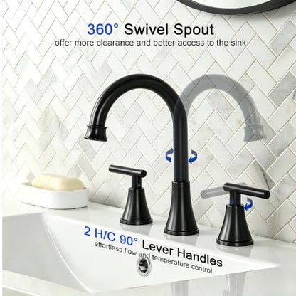 COMLLEN Black Bathroom Faucet 3 Hole Vanity,360 Degree Rotating Spout, 2 Handle 360° Swivel Matte Black 8 Inch Widespread Bathroom Sink Faucet 3 Holes, with Pop-up Drain, Supply Lines - color: Black