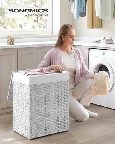 SONGMICS Laundry Hamper with Lid, 23.8 Gal (90 L) Synthetic Rattan,Foldable | Clothes Laundry Basket with Handles, Removable Liner, Cloud White, ELIOTT Collection ULCB165W01 - color: Cloud White, size: 90 L