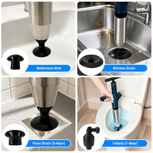 Toilet Plunger, High Pressure Toilet Plunger, Heavy-Duty Clog Remover for Toilets, Washbasin, Vegetable Basin and Floor Drain, Four Nozzles, Blue