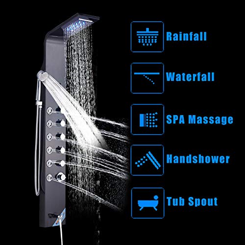 LCD Temperature Display Shower Panel Bathroom Tower Shower Column with Body Massage Jets LED Shower Head-Black (Color : Black) - color: Black