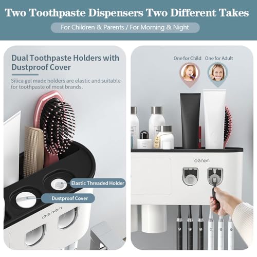 Toothbrush Holders Wall Mounted, Toothbrush Holder with Automatic Toothpaste Dispensers, 6 Brush Slots, 3 Magnetic Cups,1 Cosmetic Drawer Organizer and 1 Large Storage Tray - size: Black 3 Cups