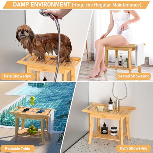 Small Bamboo Shower Bench, Non-Slip Bathroom Chair, Tub Side Bath Stool | Waterproof Spa Bench for Inside Shower, Storage Shelf & Safety Handle Design, Ideal for Elderly, Supports 300 lbs, Nature - size: 24 x 13.4 x 18.5 inches+Beige