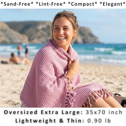 PÜSKÜL 2-Piece Luxury Natural 100% Turkish Cotton Beach Towels Waffle Weave | Light Pink, Oversize 35x70" Bath Sheet Towel Lightweight Soft Absorbent Quick-Dry Sand-Free Peshtemal Oeko-Tex Made in Turkey - color: Light Pink