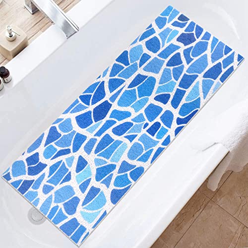 Bathtub Mat Shower Mat Non-Slip, 16x 39 Inch, Soft Comfort Bath Mat with Drainage Holes, PVC Loofah Massage Bathmat for Shower, Tub, Bathroom, Wet Areas, Quick Drying - color: Blue Mosaic -2, size: 39" x 16" (Rectangular)