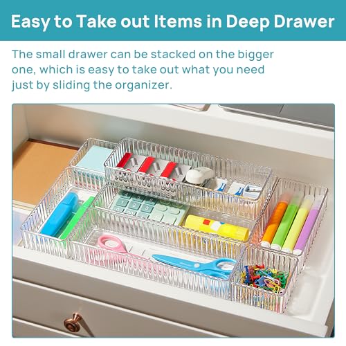 Vtopmart 7 PCS Clear Makeup Drawer Organizers Bins, 4-Size Stackable Makeup and Vanity Organizer Trays, Acrylic Bathroom Storage Containers for Cosmetic, Toiletries, Office Supply, Utensils, Gadgets | Vanity Organizer Trays for Makeup, Cosmetics, Jewelry,