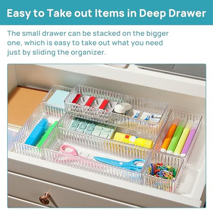 Vtopmart 7 PCS Clear Makeup Drawer Organizers Bins, 4-Size Stackable Makeup and Vanity Organizer Trays, Acrylic Bathroom Storage Containers for Cosmetic, Toiletries, Office Supply, Utensils, Gadgets | Vanity Organizer Trays for Makeup, Cosmetics, Jewelry,